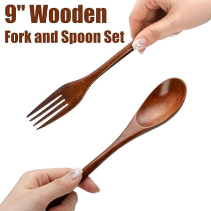 16 Pcs 9" Wooden Spoons Forks Set, Wood Dinner Utensil Set for Eating, Kitchen Reusable Flatware Tableware, Natural Cutlery Include 8 Spoons and 8 Forks, for Cooking Home Restaurant, Brown