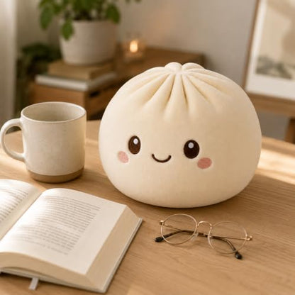 Juju Bao Bun Cushion - Soft Velvet Round Steamed Bun Throw Pillow with Embroidered Face for Sofa and Bed Decor