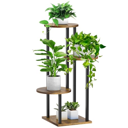 4 Tier Plant Stand Indoor, Metal Wooden Tall Plant Shelf Flower Pot Stand for Multiple Plants, Corner Flower Holder Plant Display Rack for Living Room Balcony Patio Garden (Rustic Brown) - color: Black+Brown, size: 4 Tier
