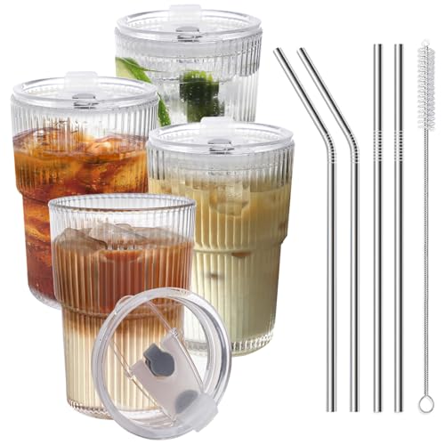 HIGIINC Iced Coffee Cups With Lids and Straws 4 Pcs, 16 OZ Unbreakable Glasses Drinking Set,Clear Plastic Cups Reusable Iced Coffee Tumbler with Lid and Straw, To Go Coffee Cups Dishwasher Safe - style: 4pack