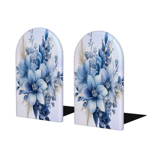 Blue Flowers 2Pcs Book Ends for Shelves Non-Skid Wood Bookends Decorative Back to School Books Holders Book Stoppers Bookshelf Accessories for Desk Home Office School Decor (1 Pair) - color: Blue Flowers