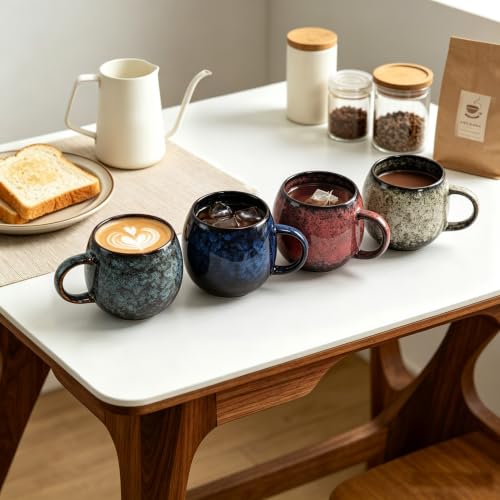 15 oz Ceramic Coffee Mugs Set 4, Tea Cups with Handle, 4 Colors | Colorful reactive glaze drinkware for tea, latte, cappuccino, espresso and matcha, microwave safe for kitchen and gifting.
