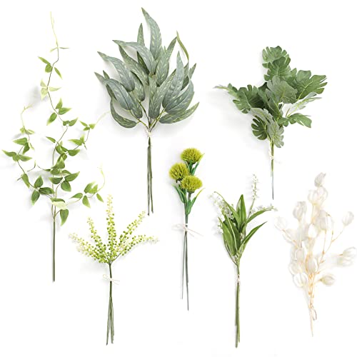 Serra Flora Artificial Greenery Spray Box Set(Pack of 28pcs) with 7 Kinds of DIY Wedding Bouquet Filler Table Centerpieces and Floral Arrangement (White&Green) - color: White&green
