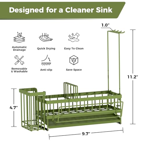 Kitchen Sink Organizer, Stainless Steel Sponge Holder, Green | Rust-Resistant Steel, Detachable Draining Board, Compartment Divider, Brush Holder & Towel Bar, Ideal for Kitchen Storage - color: Green