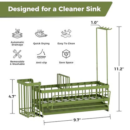 Kitchen Sink Organizer, Stainless Steel Sponge Holder, Green | Rust-Resistant Steel, Detachable Draining Board, Compartment Divider, Brush Holder & Towel Bar, Ideal for Kitchen Storage - color: Green