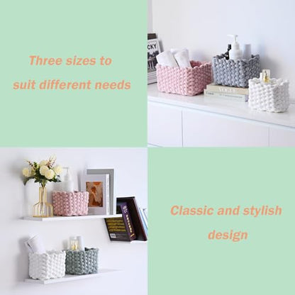 hand-knitted velvet rope storage basket set of 3 - soft cotton rope desktop cosmetics organizer box - nesting multi-functional storage basket (white) - color: White