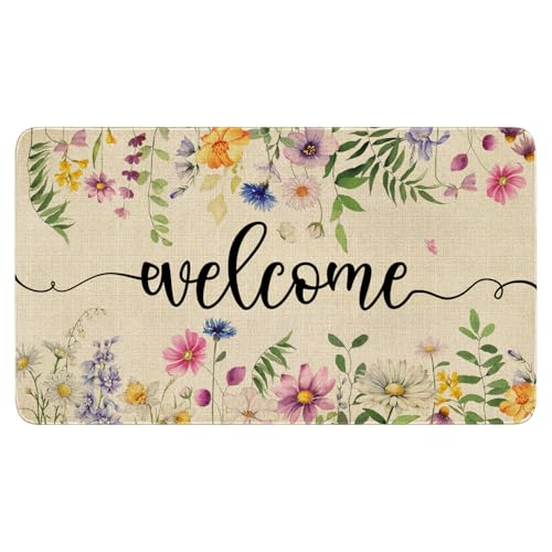 Spring Door Mat,Daisy Lavender Leaves Indoor Outdoor Non-Slip Doormat,Entryway Front Porch Spring Summer Welcome Door Mat Colorful for Entrance Decor,30" x 17" - color: Daisy Lavender Leaves