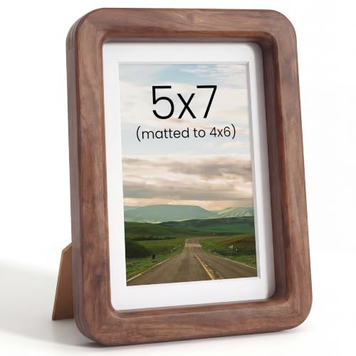 Acovy 5x7in Picture Frame, Natural Solid Walnut | Handcrafted Wooden, Dual Use Tabletop & Wall Mount, Matted to Fit 4"x6" Photos, HD Tempered Glass - color: Walnut, size: 5x7in