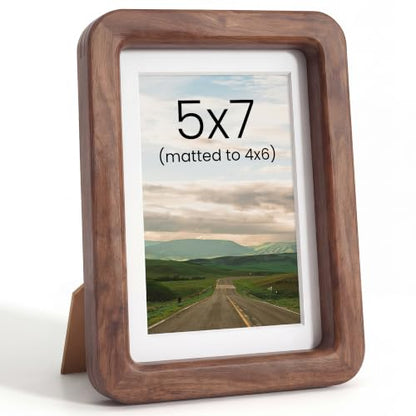 Acovy 5x7in Picture Frame, Natural Solid Walnut | Handcrafted Wooden, Dual Use Tabletop & Wall Mount, Matted to Fit 4"x6" Photos, HD Tempered Glass - color: Walnut, size: 5x7in
