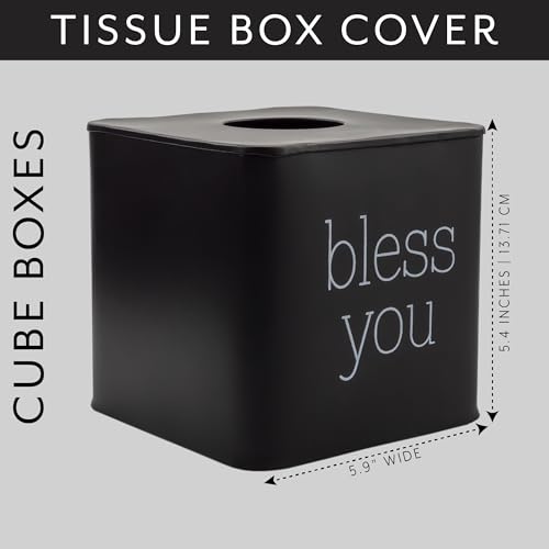 AuldHome Design Square Tissue Box Cover (Black); Modern Farmhouse Enamelware Tissue Holder - color: Black With "Bless You"