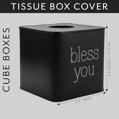 AuldHome Design Square Tissue Box Cover (Black); Modern Farmhouse Enamelware Tissue Holder - color: Black With "Bless You"