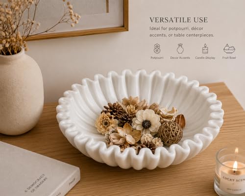 White Marble Ruffle Bowl – Handcrafted Decorative Scalloped Edge Marble Bowls – Fluted Stone Centerpiece for Table, Kitchen, Entryway – 12 Inch Natural Stone - size: 12 inches