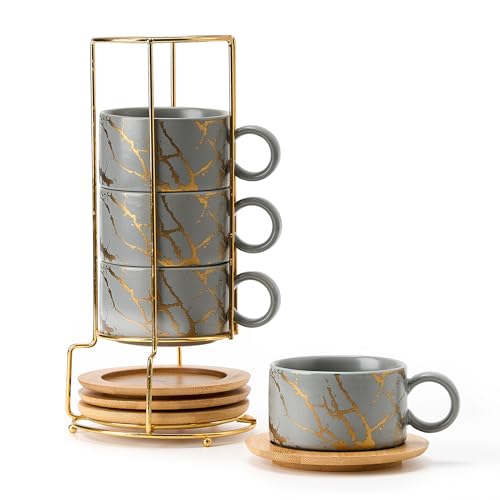 LUKA 6 Ounce Porcelain Stackable Espresso Cups with Saucers and Metal Stand Set of 4, Ceramic Cappuccino Cups Set for Specialty Coffee Drinks, Latte, Cafe Mocha and Tea, Gray - color: Gray