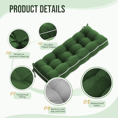 Waterproof Bench Cushion for Outdoor Furniture, 42 x 16 Inch, Fade-Resistant Patio Bench Cushion with Durable Ties for Porch Swing Kitchen & Dining (Green)