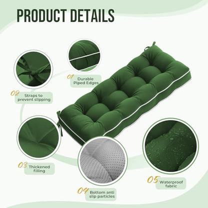 Waterproof Bench Cushion for Outdoor Furniture, 42 x 16 Inch, Fade-Resistant Patio Bench Cushion with Durable Ties for Porch Swing Kitchen & Dining (Green)
