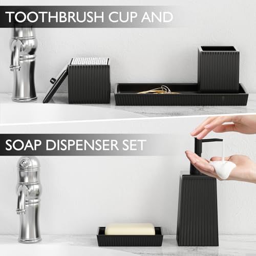 XLHOMO Bathroom Set - Black Bathroom Accessories Set, 5PCS Ceramic Bathroom Accessory Set, Bathroom Sets with Soap Dispenser, Toothbrush Tumbler, Soap Dish, Q-tip Holder & Vanity Tray