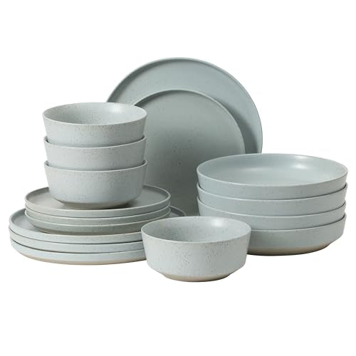 Gibson Elite Overbrook 16-Piece Pottery Clay Stoneware Dinnerware Set – Light Blue Reactive Glaze, Stackable Plates and Bowls w/Pasta Bowl, Service for 4 – Microwave & Dishwasher Safe - color: Light Blue (Overbrook), size: Service for 4 (16pcs)