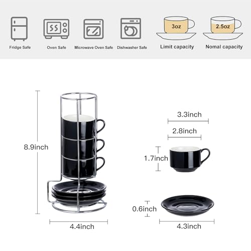 2.5oz Espresso Cups Set of 4, Small Stackable Coffee Cups with Saucers and Metal Stand, Ceramic Demitasse Cups, Cappuccino Cups for Coffee Drinks, Latte, Black - color: Black, size: 2.5oz