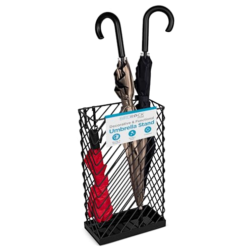 BIRDROCK HOME Decorative Umbrella Stand with Removable Water Tray - Large Metal Umbrella Rack and Cane Walking Stick Organizer for Entryway - Umbrella Holder for Indoor & Outdoor - Black, Diagonal - style: Diagonal