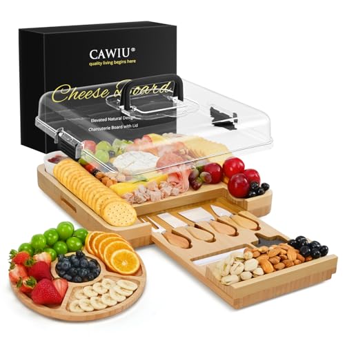 Bamboo Charcuterie Board Set with Lid, Drawer and Fruit Tray, Black | Includes serving utensils for easy entertaining; a thoughtful gift for housewarmings, weddings, birthdays and bridal showers. - color: Black