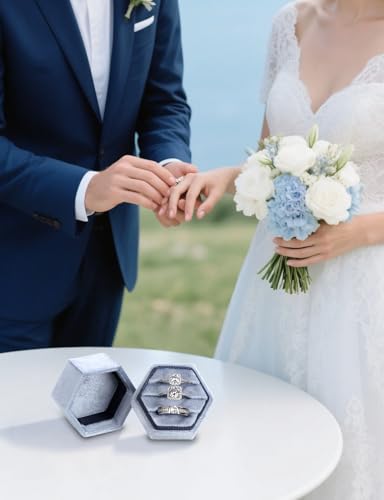 MFXIP Velvet 3 Slots Jewelry Ring Box Engagement Wedding Box Keepsake Box Bridal Photo Ring Triple Slots Hexagon - color: Blue