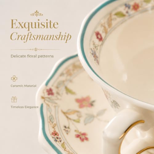 Noviko 6 oz Floral Tea Cups and Saucers Flower Ceramic cup | Set of 1, Afternoon Tea Party Gift for Women, Mom - color: Multicolor C
