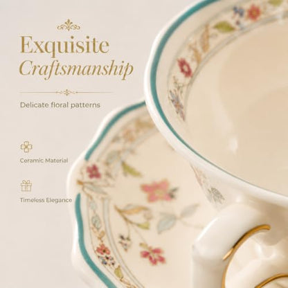 Noviko 6 oz Floral Tea Cups and Saucers Flower Ceramic cup | Set of 1, Afternoon Tea Party Gift for Women, Mom - color: Multicolor C