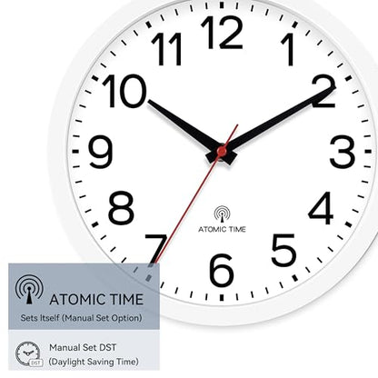 AKCISOT 10 Inch Wall Clock, Silent Battery Operated Analog Clock, White | Atomic | Classroom | Kitchen | Office | Easy to Read Numbers | Garage - color: Atomic_white, size: 10 Inch