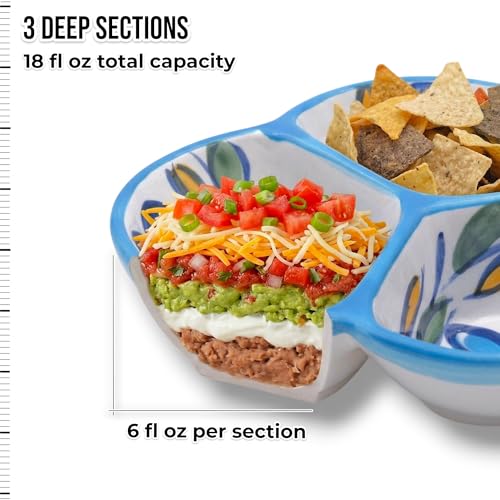 3-Compartment Ceramic Serving Dish, Handmade in Spain | 7.5” divided chip and dip bowl with lead-free glaze, microwave, oven and dishwasher safe, ideal for tapas, snacks and sauces - color: Blue Daisy