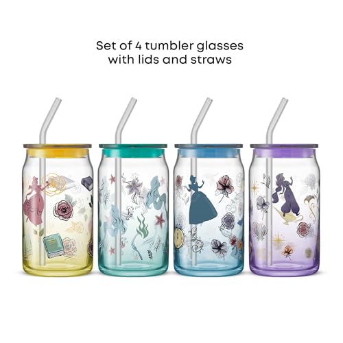 JoyJolt Disney Princess Icon Glass Tumblers with Lids and Straws, 16oz Glass Cups with Lids and Straws ft Princess Jasmine Ariel Cinderella Belle, 4pc Can Shaped Drinking Glasses, Iced Coffee Cups - style: Princess