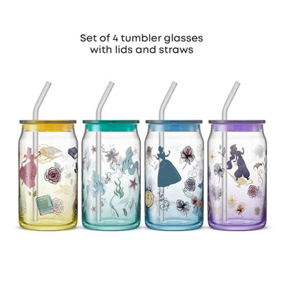 JoyJolt Disney Princess Icon Glass Tumblers with Lids and Straws, 16oz Glass Cups with Lids and Straws ft Princess Jasmine Ariel Cinderella Belle, 4pc Can Shaped Drinking Glasses, Iced Coffee Cups - style: Princess