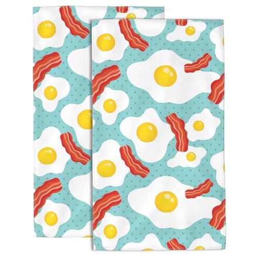 Hand Towels Set of 2 Eggs and Bacon Towels for Bathroom Soft Absorbent Decorative Hand Bath Towels Dish Towels for Kitchen Sports Gym Yoga Home Decor 14 x 28 in - color: Eggs and Bacon