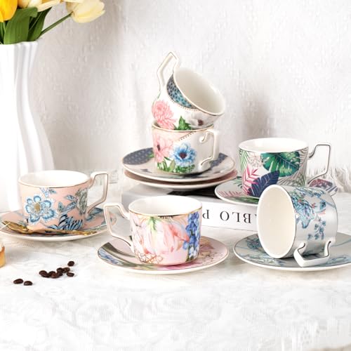 KAMMAK Tea Cups and Saucers Set of 2, Porcelain Coffee Cups, NX043 | Gold Rim, Stackable Espresso Mugs, Ceramic Demitasse for Coffee, Latte, Americano, Afternoon Tea, Elegant Gift for Women - size: 8CZNX043+44