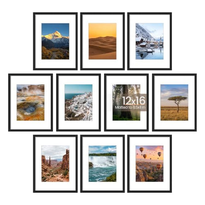 upsimples 12x16 Picture Frame Set of 10, Display Pictures 8.5x11 with Mat or 12x16 Without, Multi Photo Frames Collage for Wall Display, Black | Fit 8.5x11 and 12 x 16 Photos, Wall or Tabletop Display, For Gallery Hallway Living Room, For Christmas - colo
