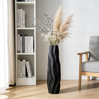 Black Tall Ceramic Floor Vase, 28 Inch, Pleated Wave Design | Matte Finish, Spacious Rooms, Statement Corners, Fireplace, Dried Branches - size: 28 Inch