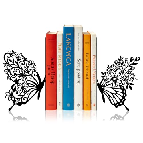 Sanwarm Bookends, 2 Pcs, Metal, Home Office Desk Shelves Butterfly Floral | Flower Botanical Nature Decorative Book Ends Non-Skid Book Stoppers Holder 1 Pair Gift for Reading Enthusiasts Library Decor - color: Butterfly Floral
