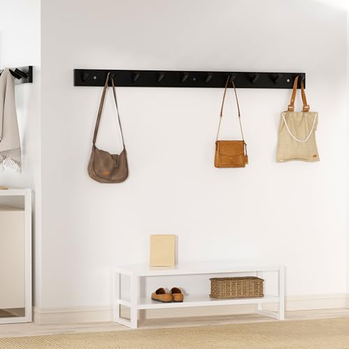 SKOLOO Wall Mounted Coat Rack 38", 10 Hooks, Bamboo, Shaker Style, Black | Wood wall hooks, painted finish, 100-lb cap, entry/bath/bed, hanging backpack coat towel hat, long pegs, 16" stud spacing - color: Black, size: 38 inch