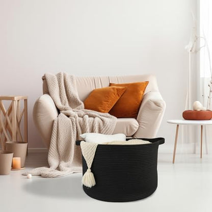 XUANGUO Extra Large Cotton Rope Round Storage Basket 22" x 14" Black | Woven basket for blankets, toys, towels, laundry, nursery, living room and pet toy storage. - color: black