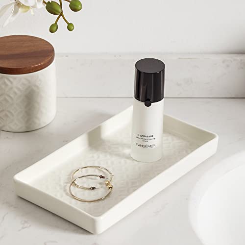 Bathroom Accessories Set, 5-Piece Ceramic and Wood Bath Accessory Complete Set with Lotion Dispenser/Soap Pump, Cotton Jar, Vanity Tray, Tumbler and Toothbrush Holder (White and Beige)