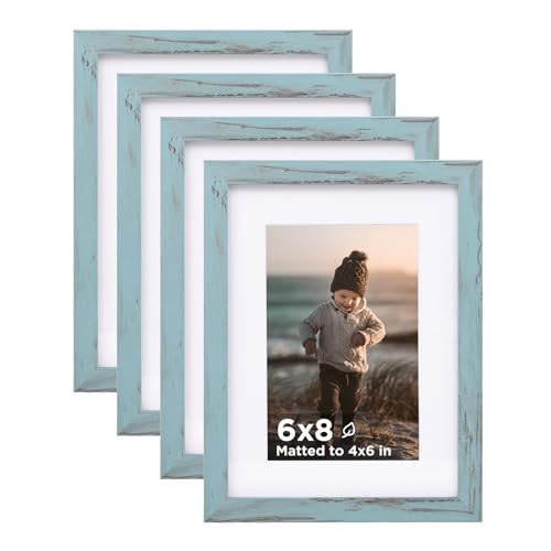 6x8 Picture Frame Turmaline Blue Set of 4, Wooden Photo Frames Matted 4x6 with Plexiglass for 4x6 with Mat or 6x8 without Mat for Table and Wall Display - color: Turmaline Blue, size: 6x8