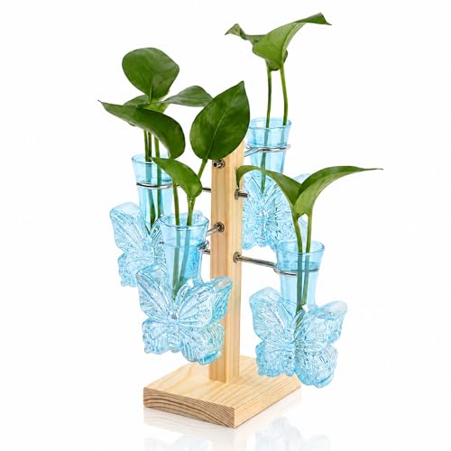 Plant Terrarium Propagation Stations: Blue Vase with Wooden Stand | Irised Crystal Clear Glass, Butterfly Shaped, Home Table Decor, Birthday Gifts for Plant Lovers Women Mom Wife - color: Blue