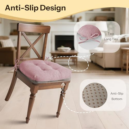 Anti Slip Kitchen Chair Cushions Set of 4 18"X16.5"X3" Light Pink | Elegant Breathable Textured Fabric, with Ties, Tufted, Thick Polyester Filling, for Dining Chairs, Folding Chairs, Office - color: Light Pink