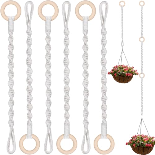 6 Pack Adjustable Macrame Plant Hanger Extender Handmade Woven Hanging Basket Extenders Connectable Rope Hanging Extension with Wooden Ring for Indoor Outdoor Plant Pot Holder - color: Beige