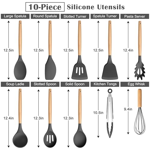 E-far Gray Silicone Cooking Utensils Set, 10-Piece Kitchen Utensils Set with Wooden Handle for Nonstick Cookware, Heat Resistant Kitchen Nonstick Tools Spatula Whisk Tongs Ladle, Non-toxic & Healthy - color: Gray, size: 10