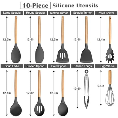 E-far Gray Silicone Cooking Utensils Set, 10-Piece Kitchen Utensils Set with Wooden Handle for Nonstick Cookware, Heat Resistant Kitchen Nonstick Tools Spatula Whisk Tongs Ladle, Non-toxic & Healthy - color: Gray, size: 10