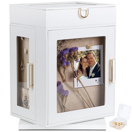 Kendal 360° Rotating Jewelry Box - White PU Leather Jewelry Organizer with Shadow Box & Pinboard, Detachable Top Tray, Drawers & Push Pins for Personalized Accessory Display & Storage - color: Elegent White