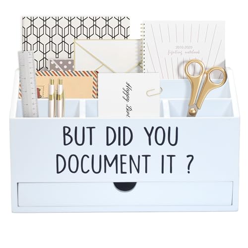 EXQUIDECA Wooden White Rustic Countertop Mail Storage Holder with Drawer and Compartments - Office Desk Accessories and Workspace Organizers - Desktop Sorter for Pen Stationery Letter Files Documents - color: White storage box