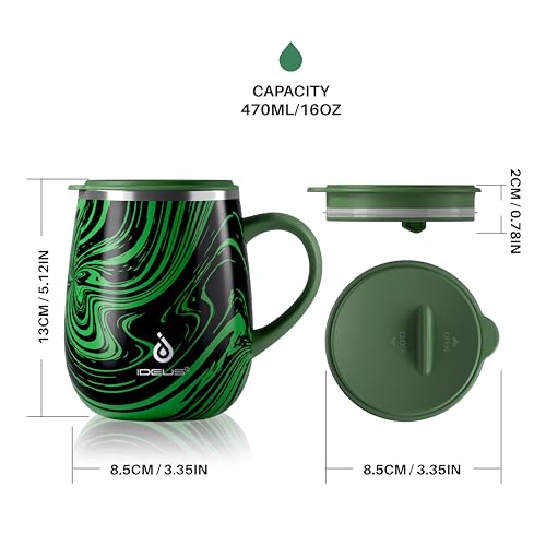 Ideus 16 oz Insulated Coffee Mug with Handle and Lid, Double Wall Stainless Steel Vacuum Thermal Coffee Mug, Travel Coffee Cup Thermal Cup for Home and Office (Green Zebra, FUJI DAWN) - color: Green Zebra