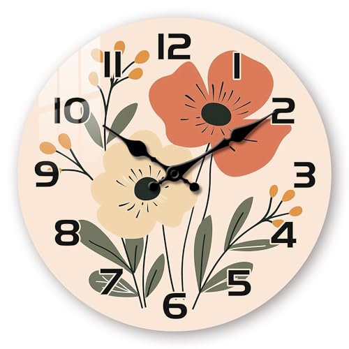 10" Boho Floral Wall Clock - Silent Bathroom Wall Clocks Battery Operated - Farmhouse Small Vintage Wall Clocks Non Ticking Decorative for Living Room Kitchen Bedroom Wall Decor - color: Boho Orange 3, size: 10 inch