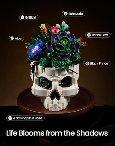Succulent Skull Planter Flowers Building Set, Botanical Skeleton Pot Collection Building Kit, Horror Plants Home Office Table Decoration Blocks Toys for Adults, Gift for Birthday Mother's Day
